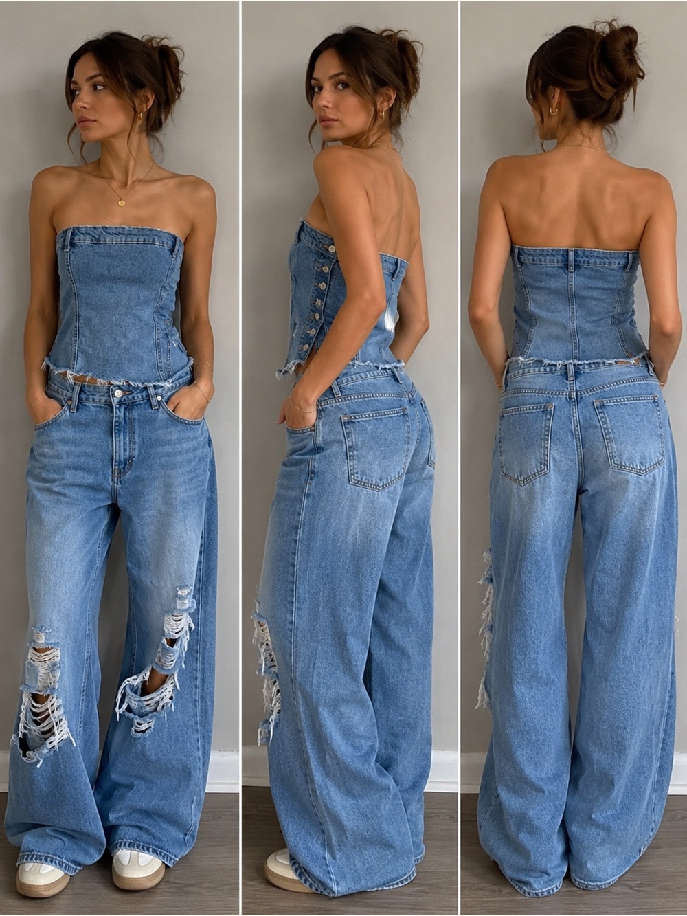 ZARA Denim Corset Tube Top Strapless Bustier Raw Hem Light Wash Size M
